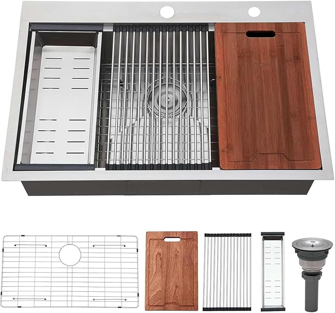 33x22 Drop in Kitchen Sink, 304 Stainless Steel Top Mount Workstation Sink, 16 Gauge Single Bowl Kitchen Sinks with Accessories for Kitchen Laundry Utility