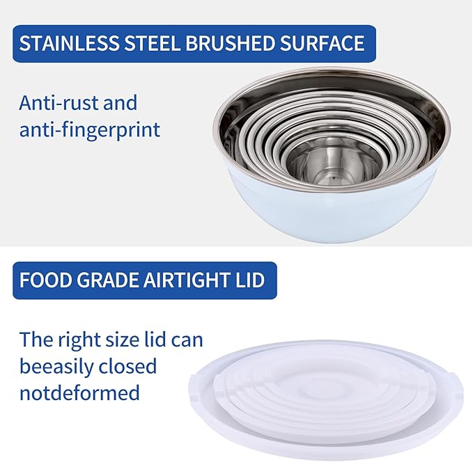 Moxinox White Mixing Bowls with Airtight Lids, Stainless Steel Nesting Mixing Bowls Set of 7, Ideal for Baking, Prepping and Serving Food, Size 7, 3.6, 2.7, 2.1, 1.5, 1.1,0.8 QT, Stackable Design