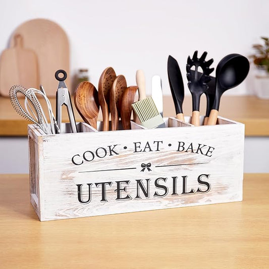 WDT Tool Utensil holder for Kitchen Counter Large Round Utensils Holder with Wooden Base Matte Black Cooking Utensil Holder，Kitchen countertop Utensil Organize (White-4 Compartments)