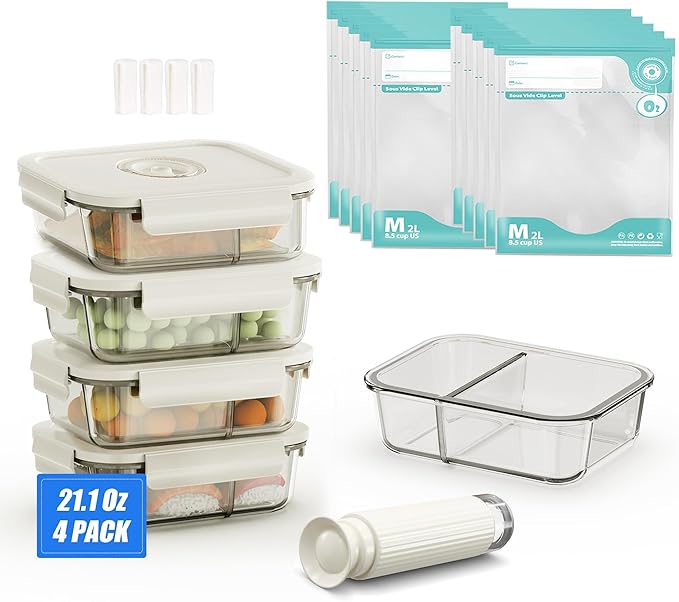 19 PCS Vacuum Sealer, Handheld Manual Vcuum Pump For Borosilicate Glass Vacuum Storage Containers [4PCS, 21Oz] & 10 PCS Vacuum Bags[8.5Cups], Meal Prep Containers, Airtight Food Storage Containers