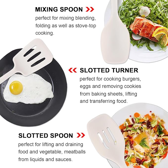 IOCBYHZ Silicone Cooking Utensils Set 5 Pcs Large Non-Stick Kitchen Utensils Set, Wooden Handle Heat Resistance Turner Soup Ladle Spoon Silicone Cooking Kitchen Gadgets BPA Free for Nonstick Cookware