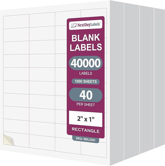 NextDayLabels 2x1 Inch Rectangle Stickers White Blank Labels for Laser Inkjet Printer - 40 Per Sheet Self-Adhesive Address Mailing Name Tags Made in USA - 40,000 Labels