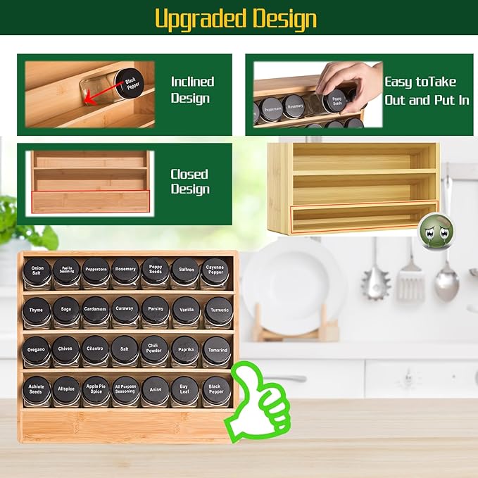 Bamboo Tiered Spice Rack Organizer for Cabinet,Wooden Seasoning Rack for Countertop, Cupboard, Pantry, Kitchen (Spice Jars Not Included)