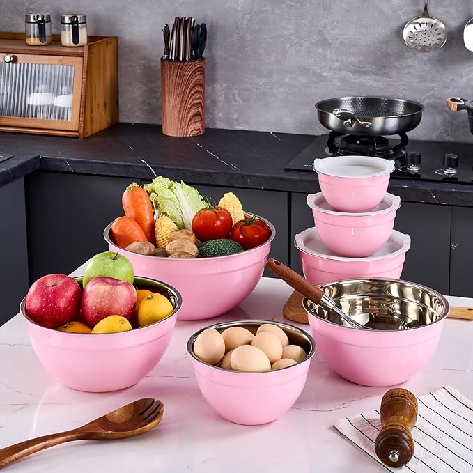 Onlycooker Pink Mixing Bowls With Airtight Lids,Stainless Steel Bowl,Salad Bowls 7 Piece Colorful Nesting Bowl Pink Kitchen Accessories,Size 7,3.6,2.7,2.1,1.5,1.1,0.8QT Stackable Design