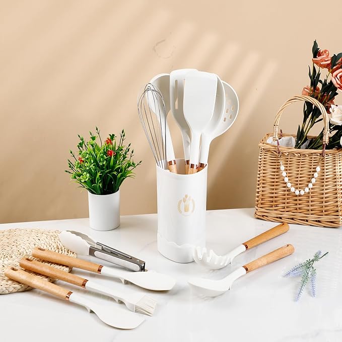 Jiufei Home Silicone Cooking Utensils Set, Kitchen Utensils Set 13 Pcs for cooking, BPA Free Spatula Set with Heat Resistant Wood Handles for Nonstick Cookware (White)
