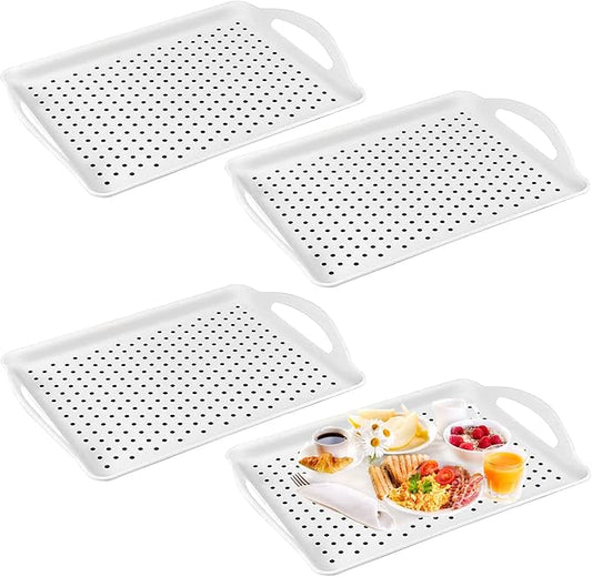 HEIHAK 4 Pack Anti-Slip Serving Tray with Handles, Rectangular Silicone Dots Lap Food Serving Tray for Eating, Home, Restaurant, White, 16.5 x 11.4 x 1.6 Inch