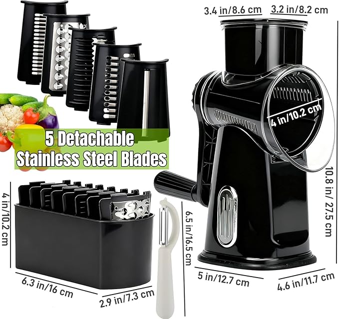 CHDEXU Rotary Cheese Grater with Handle, Manual Vegetable Slicer Grater with 5 Detachable Stainless Steel Blades, Round Grater Slicer Hand Crank Food Chopper for Kitchen with Blade Storage Box