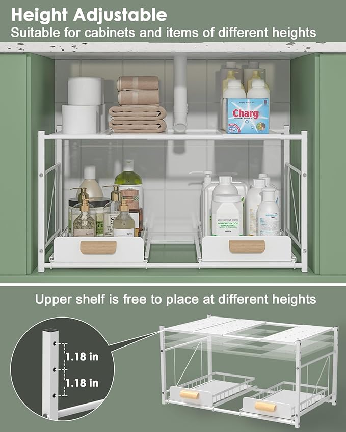 REALINN Extendable Under Sink Organizer, 2 Tier Expandable Under Cabinet Organizer Shelf with Height Adjustable, Retractable Cabinet Storage, White