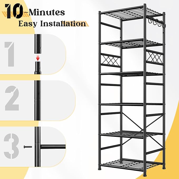 Storage Shelves-6 Tier Metal Shelving Unit with Hooks,Heavy Duty Garage Shelving with Leveling Feet,High Standing Shelf Organizer for Kitchen Pantry Bathroom Dorm,17.7”W×11.8”D ×72.2”H,Black