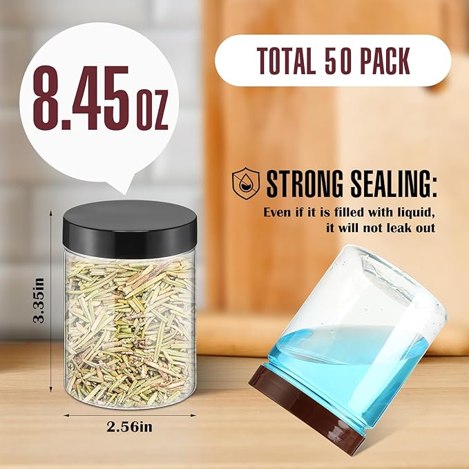Mifoci 50 Pcs 8.45 oz Clear Plastic Jars Containers Wide Mouth Food Storage Jar for Kitchen Dry Food Butter Honey Cosmetics Cream, Black and Brown(2.56''l X 3.35''h)