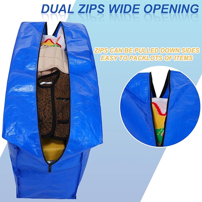 Windyun 4 Pack 98 Gallon Extra Large Moving Bags XXL Heavy Duty Storage Bag with Strong Zipper Handle Jumbo Big Tote Box Foldable for College Dorm Travel Clothes Duffle Blanket Pillow(Blue)