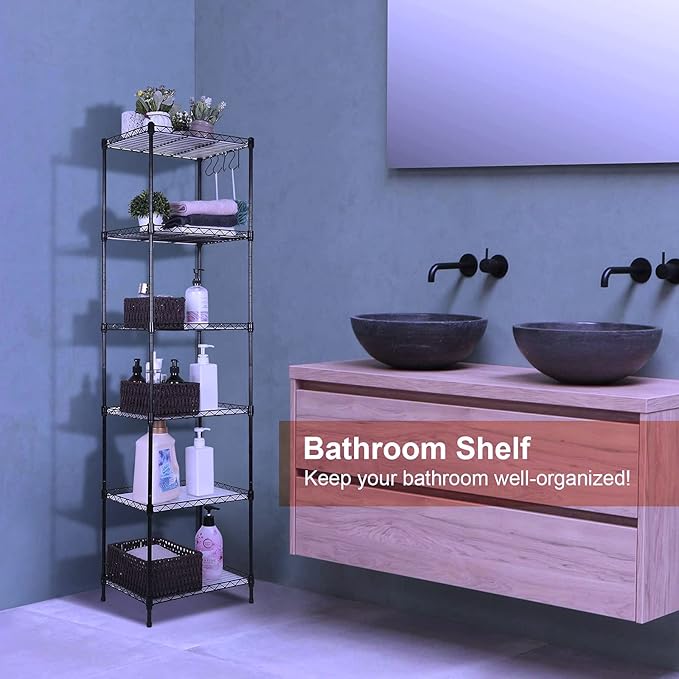 Best 6-Tier Wire Shelving - Heavy Duty Shelf - Kitchen Storage Shelves, Wire Shelving Unit with Baskets Storage Rack Corner Shelf Shelving Adjustable Storage Shelf, 11.8" D x 15.7" W x 59" H-,Black