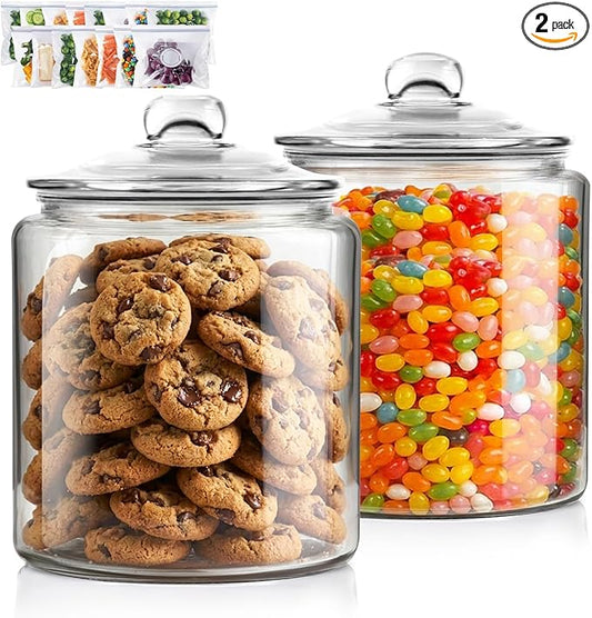 Masthome 2 Glass Storage Jars Set,1 Gallon Cookie Jar for Food Storage,Airtight Glass Jars with Lids for Kitchen Counter Pantry Well Organization，Send 15 pcs Food Storage Bags