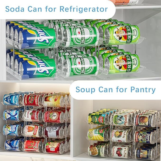 Can Organizer For Pantry, Adjustable Height And Width Canned Goods Organizer, Soup Can Rollers Organizer Holds Up to 48 Cans for Kitchen Cabinet or Refrigerator (CLear 4 Tier)