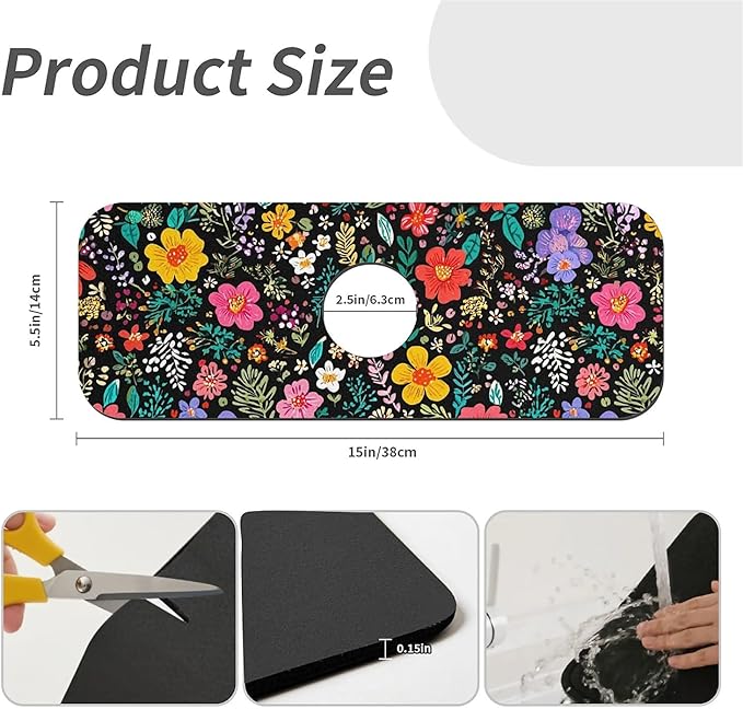 Kitchen Sink Splash Guard，Colored flowers and leaves Faucet Mat Sink Gadgets-Super Absorbent Fast Drying Mat Drip Catcher for Kitchen, Bathroom,Sink Mat, Dish Drying Mat, Bathroom(15" X 5.5" )