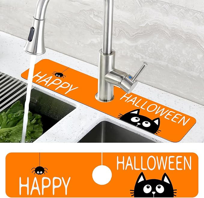 Halloween Cute Black Cat Kitchen Sink Splash Guard Mat Absorbent Fast Drying Mat Faucet Draining Mat Sink Splash Guard Behind Faucet Drip Catcher for Kitchen Bathroom 5.5"×24"