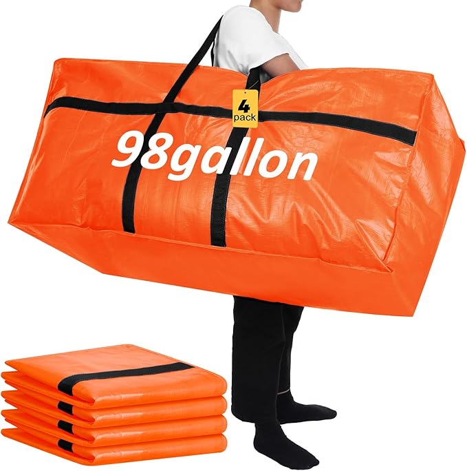 Windyun 4 Pack 98 Gallon Extra Large Moving Bags XXL Heavy Duty Storage Bag with Strong Zipper Handle Jumbo Big Tote Box Foldable for College Dorm Travel Clothes Duffle Blanket Pillow(Orange)