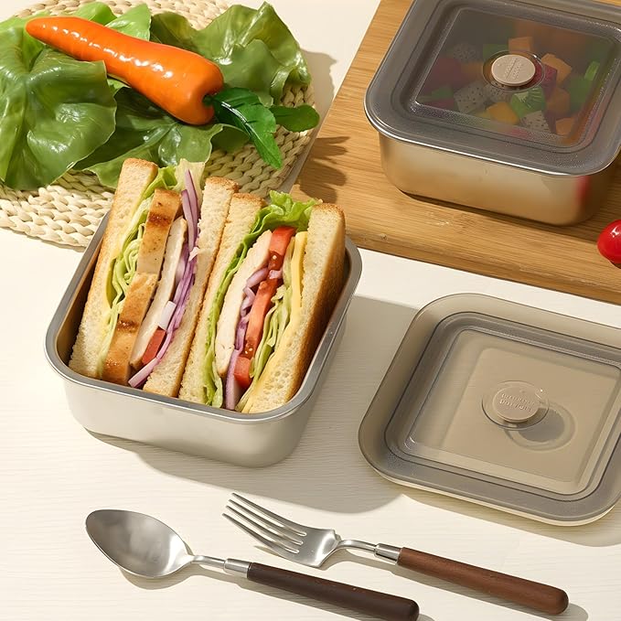 4 Pack 43oz Large Stainless Steel Sandwich Containers with Lids, Leak-proof Reusable Lunch Boxes, Meal Prep Bento Box, Food Storage Containers for Snacks & Fruits, Dishwasher Safe, 1300 ml