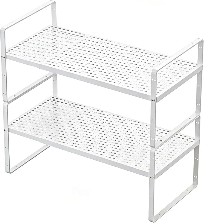 KIKIBRO Expandable Kitchen Shelf Organizers, Kitchen Cabinet Organizer Stand Rack Organization for Countertop Cupborad Pantry, White 2 Pack