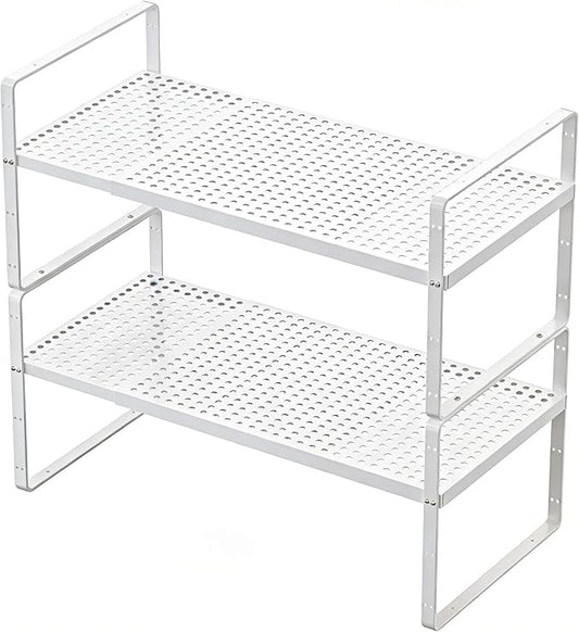 KIKIBRO Expandable Kitchen Shelf Organizers, Kitchen Cabinet Organizer Stand Rack Organization for Countertop Cupborad Pantry, White 2 Pack