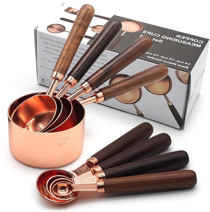 SHIKORI Gold Measuring Cups and Spoons Set with Wood Handles, Premium Stainless Steel Measuring Spoons and Measuring Cups Set-Rose Gold