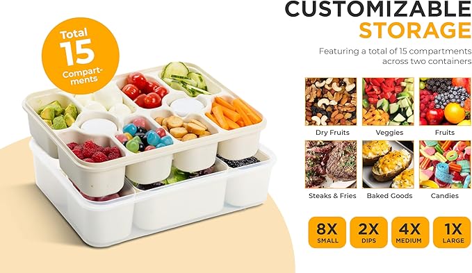 Snackle Box Container - Divided Serving Tray with Lid & Handle - Portable Multi-Compartment (10 & 5) Snack Organizer for Travel, veggies, Nut, fruit, Picnic & party - Dishwasher &Microwave safe