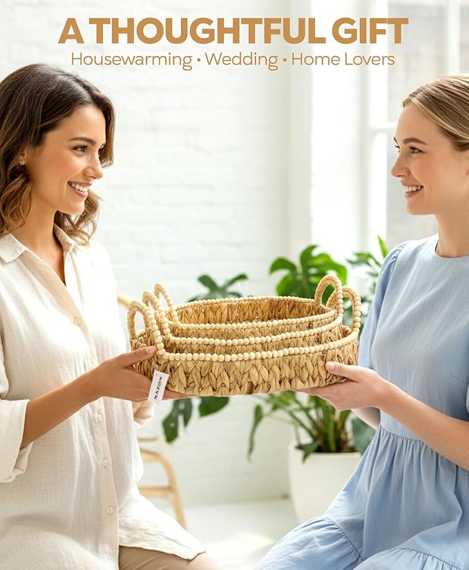 NAZOX Handwoven Water Hyacinth Storage Baskets for Toilet, Living Room, Nursery Organization - Natural Oval Set of 3 Versatile Nesting Baskets with Scalloped Edge Design & Handles