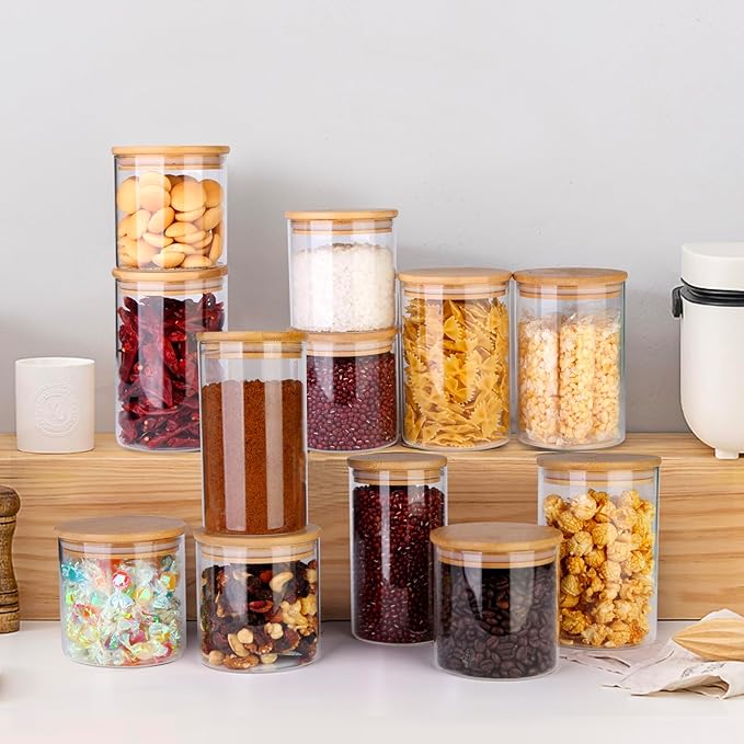 Glass Food Jars with Airtight Bamboo Lids, 77oz Round Glass Canister Set of 4, Pantry Organizers for Cookie Flour Oat Pasta Tea Coffee Bean