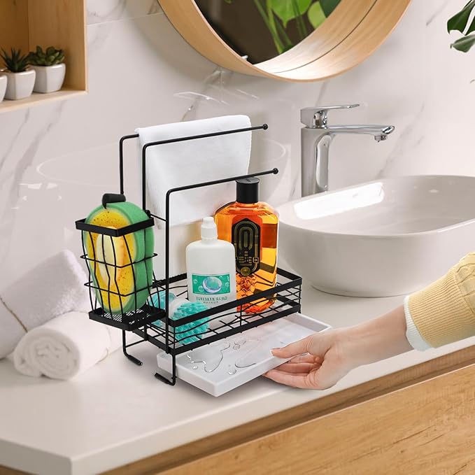 Kitchen Sink Caddy with 3 Dishcloth Drying Racks, Sponge Holder Rag Stand with Drain Pan, Metal Sink Storage Organizer with Removal Basket for Brush, Towel, Scrubber, Dish Rag, Black