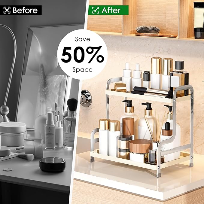 SanDream Bathroom Organizer Countertop, 2 Tier Bathroom Counter Organizer, Metal Sink Shelf for Makeup Bedroom Corner (White)