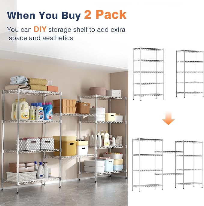 5-Tier Heavy Duty Metal Shelf,Chrome Wire Shelving Unit 35" Wx18 Dx71 H,Height Adjustable Storage Wire Shelves with Lockable Wheels for Garage,Kitchen,Office,Bathroom,Studio