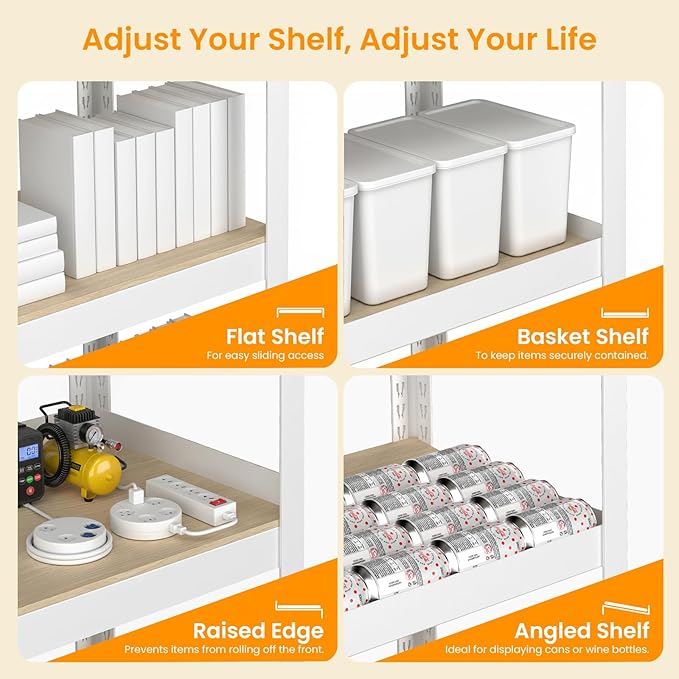 5 Tier Metal Shelves Unit, Adjustable Pantry Organizers and Storage Shelves, Shelving Unit for Closet with Clothes Rod, Storage Rack for Pantry, Laundry, Kitchen - White& Wood Color