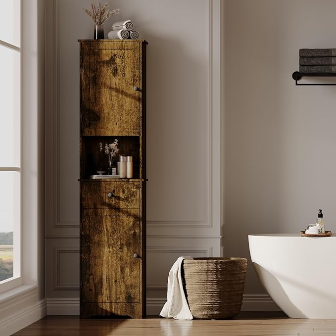 Viaozutis Tall Bathroom Cabinet, Storage Cabinet with 2 Doors & 2Drawer, with Ajustable Shelve, for Bathrooms, Kitchens,Entrances,Bedrooms（Retro Color）