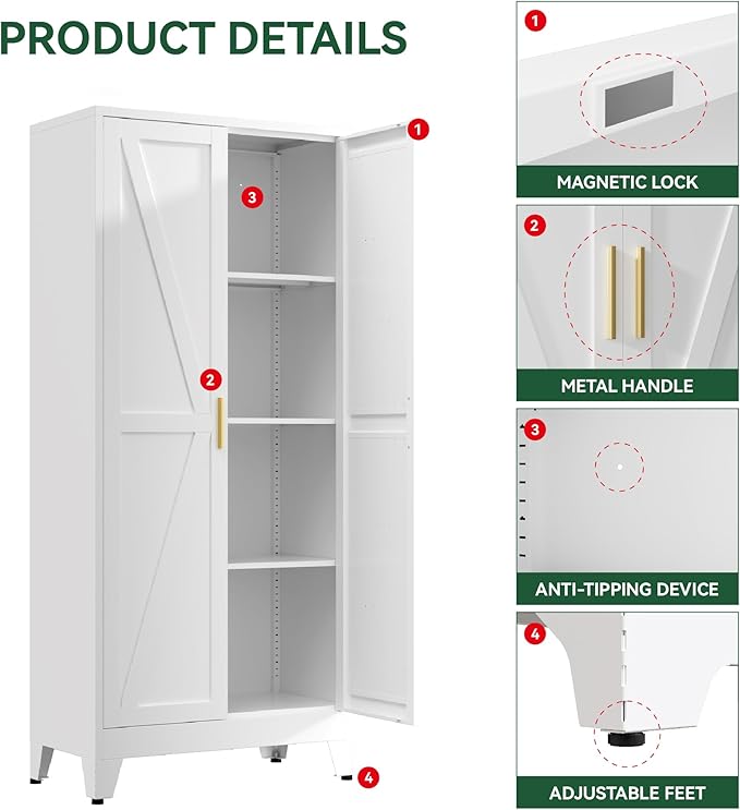 YNIQUESTLE Farmhouse Pantry Cabinet with Barn Doors,61" H x 27.5" W,Metal Cabinet with Adjustable Shelves,4-Tier Storage Cabinet for Kitchen Dining Room Garage,White