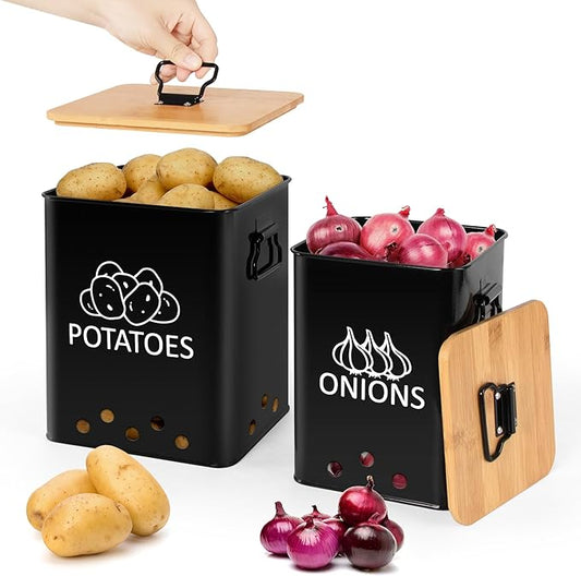 Potato and Onion Storage Bin, Set of 2 Vegetable Storage Tins with Wooden Lids & Side Handles, Dual-row Ventilation Holes, Farmhouse Metal Kitchen Canisters Sets, Black