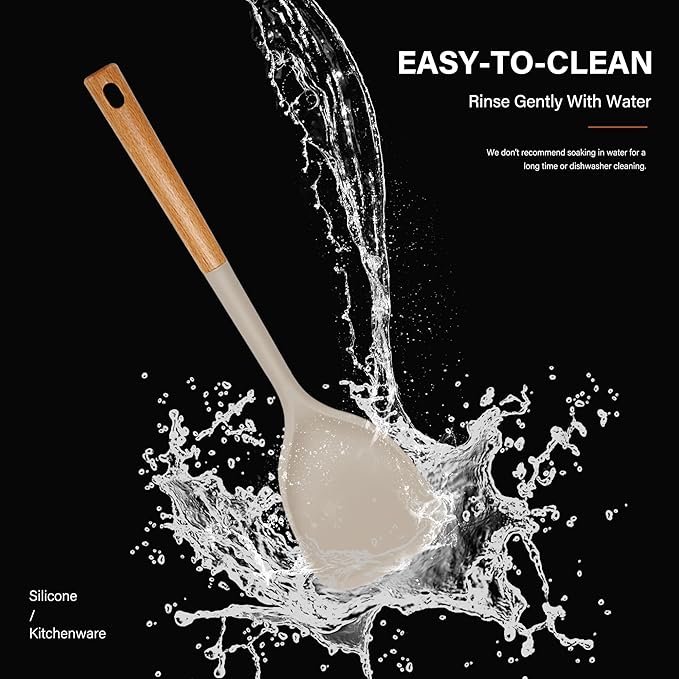 Hvygss Silicone Cooking Utensils Set, Heat Resistance Large Kitchen Utensils Set with Long Wooden Handle, BPA-free Silicone Spatula, 6 Pcs Cooking Spoons for Non Stick Frying Pans and Pots(Khaki）