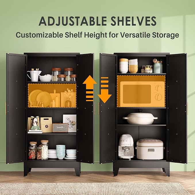 61" Kitchen Pantry Cabinet, Metal Storage Cabinet with 2 Doors and 3 Adjustable Shelves, Black Food Pantry Cupboard for Kitchen, Dining Room, Living Room and Bathroom (Black)