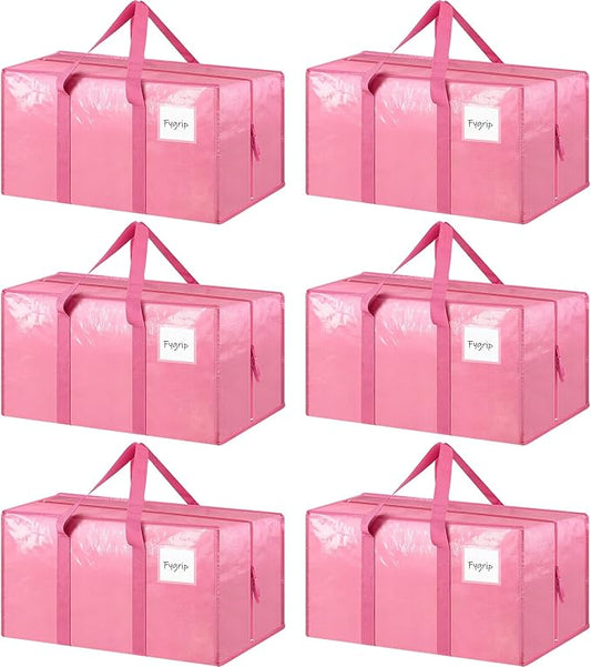6 Pack Extra Heavy Duty Large Moving Bags with Strong Zipper & Comfortable Handles, Sturdy & Durable Clothes Storage Bags Totes Bins, Packing Moving Boxes for College Supplies, Pink