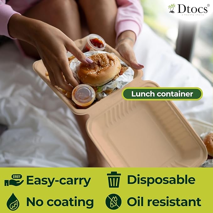 Dtocs Compostable Clamshell To Go Food Containers 8x8-70 Pc | Bamboo Fiber Heavy-Duty Disposable Microwavable Carry Out Container | Biodegradable Take Out Containers with Lids For Home, Chefs