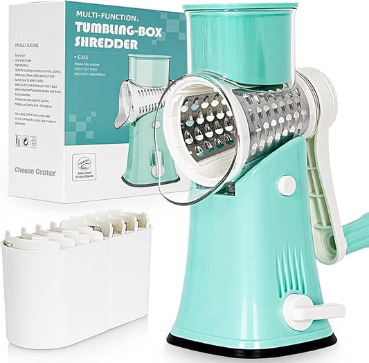 Nexsujo 5-in-1 Rotary Cheese Grater Hand Crank, Vegetable Slicer Shredder with 5 Interchangeable Blades, Graters for Kitchen, Safe Kitchen Tool for Cheese, Nuts, Blue