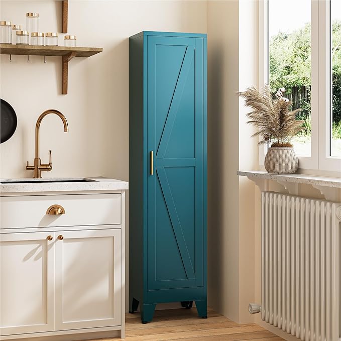 YNIQUESTLE 67" Tall Storage Cabinet with Reversible Doors and Adjustable Shelves,Metal Slim Freestanding Cabinets for Bathroom Kitchen Garage Small Spaces,Blue,5-Tier