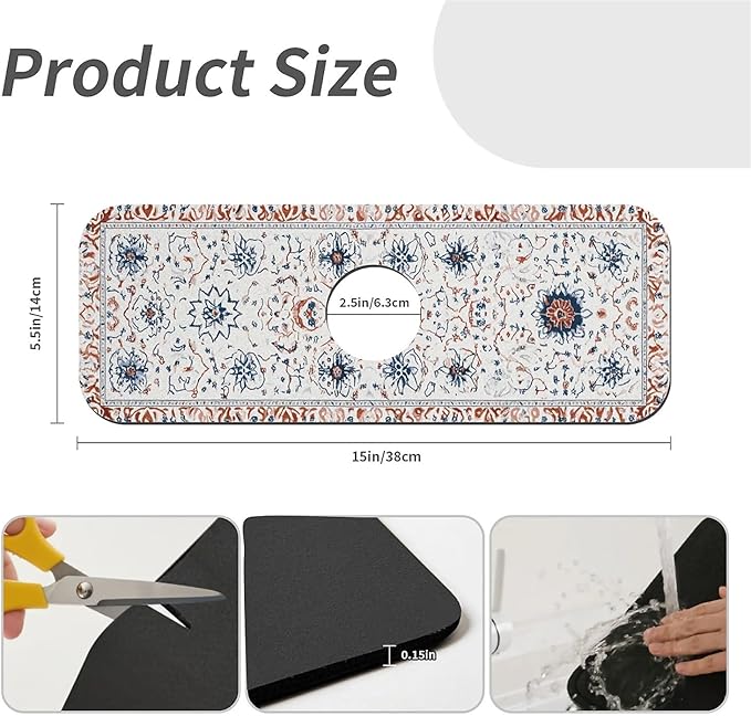Kitchen Sink Splash Guard，Geometrically complex flowers Faucet Mat Sink Gadgets-Super Absorbent Fast Drying Mat Drip Catcher for Kitchen, Bathroom,Sink Mat, Dish Drying Mat, Bathroom(15" X 5.5" )
