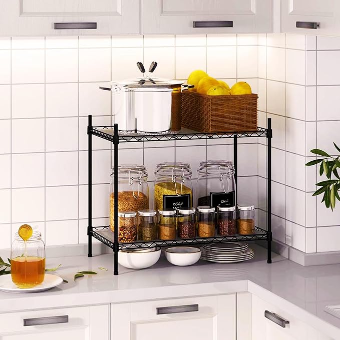 Best 2-Tier Wire Shelving - Black - Lightweight Mini Seasoning Shelf - Kitchen Storage Shelves, Unit with Adjustable Storage Shelf, 11.8"D x 15.7"W x 17.7"H