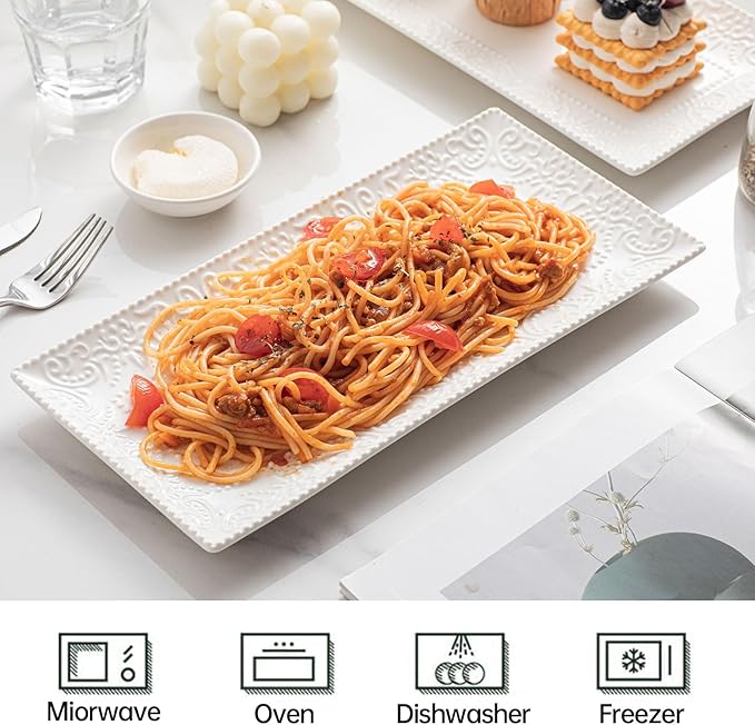 MVYAVYUS Rectangular Embossed Serving Platter Set, 12 Inch Large Serving Plates, Stackable Serving Tray for Wedding, Ceramic White Serving Platters for Entertaining, Dishwasher & Oven Safe (4PCS)