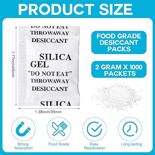 1000 Pcs 2 Gram Silica Gel Packets Desiccant Packs for Storage Moisture Absorbers Silica Gel Anti Humidity Transparent Food Grade Desiccant Packs for Electronics, Clothes Shoes, Jewelry