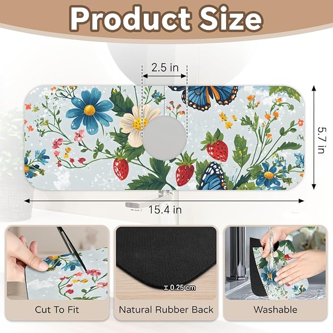 1 PC 15.4*5.7 Inch Absorbent Faucet Mat for Kitchen Butterfly Sink Splash Guard Fast Drying Kitchen Faucet Mat for Bathroom Kitchen