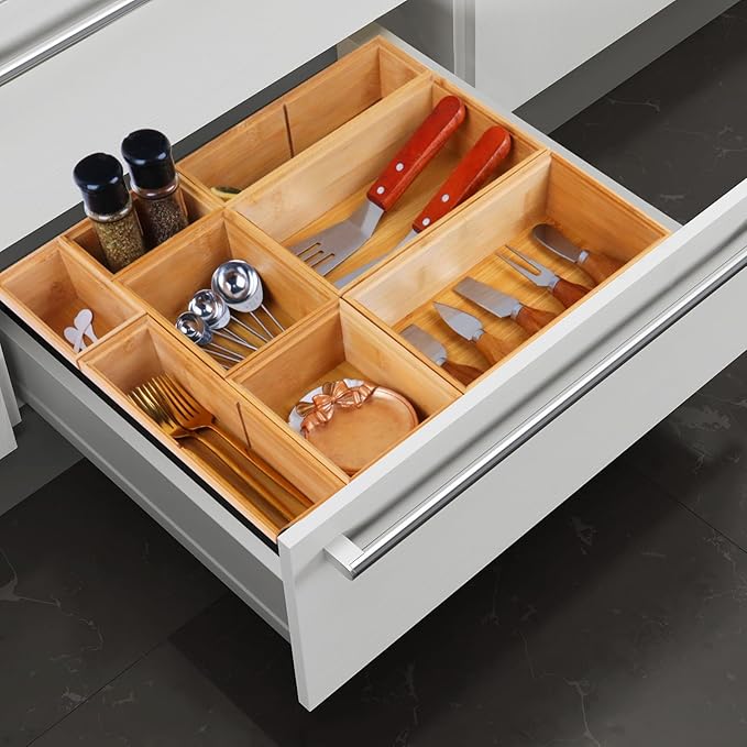 Bxngjuj Bamboo Drawer Organizer Set, 8 PCS Multi-Use Wood Drawer Storage Boxes, Junk Drawer Organizer Divider Bins for Kitchen, Bathroom, Office Desk, Makeup, Jewelry, Utensils