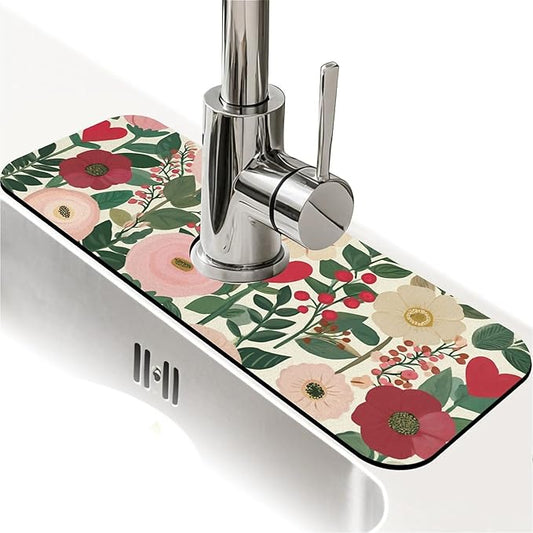 Kitchen Sink Splash Guard，Sweet flowers Faucet Mat Sink Gadgets-Super Absorbent Fast Drying Mat Drip Catcher for Kitchen, Bathroom,Sink Mat, Dish Drying Mat, Bathroom(15" X 5.5" )