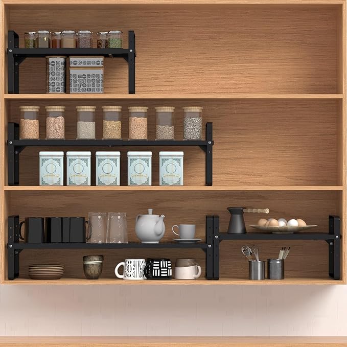Expandable Cabinet Shelf Organizer Adjustable Metal Spice Rack Stackable Freestanding Counter Storage Shelves for Kitchen Cabinet Under Sink Office Desk (Black - 3Pack - L16.5-27'' * W10.2'' * H9.6'')