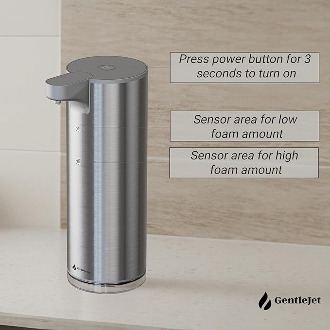 EasyFoam Automatic Foaming Soap Dispenser - Touchless Motion Sensor, Rechargeable USB-C, 2 Foam Levels, Stainless Steel, IPX5, 9.5oz Hand Soap Dispenser for Bathroom & Kitchen (Silver)
